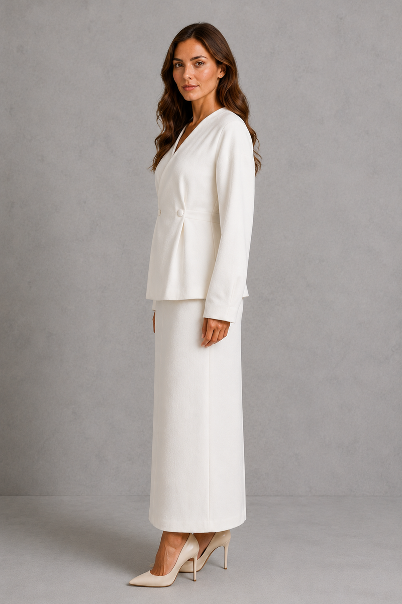 Women’s two piece tailored suit with a fitted V-neck peplum jacket, voluminous long sleeves and coordinating maxi pencil skirt for an elegant silhouette.