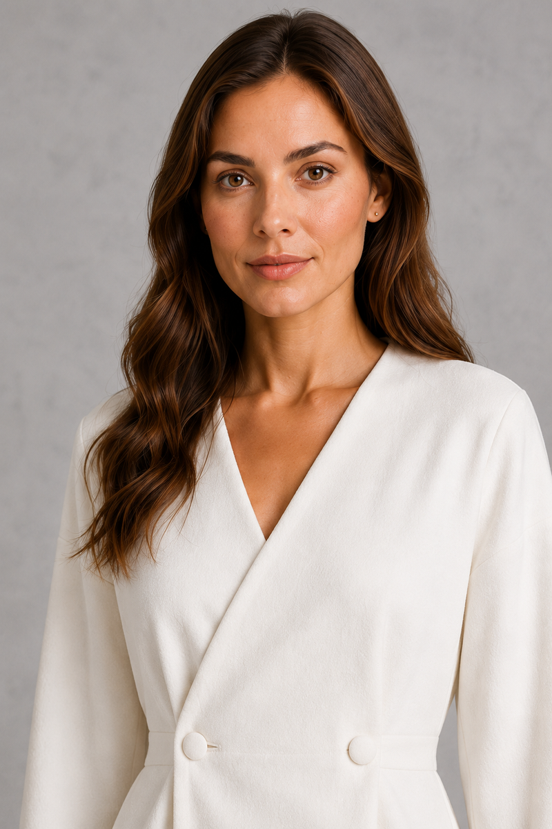 Women’s two piece tailored suit with a fitted V-neck peplum jacket, voluminous long sleeves and coordinating maxi pencil skirt for an elegant silhouette.