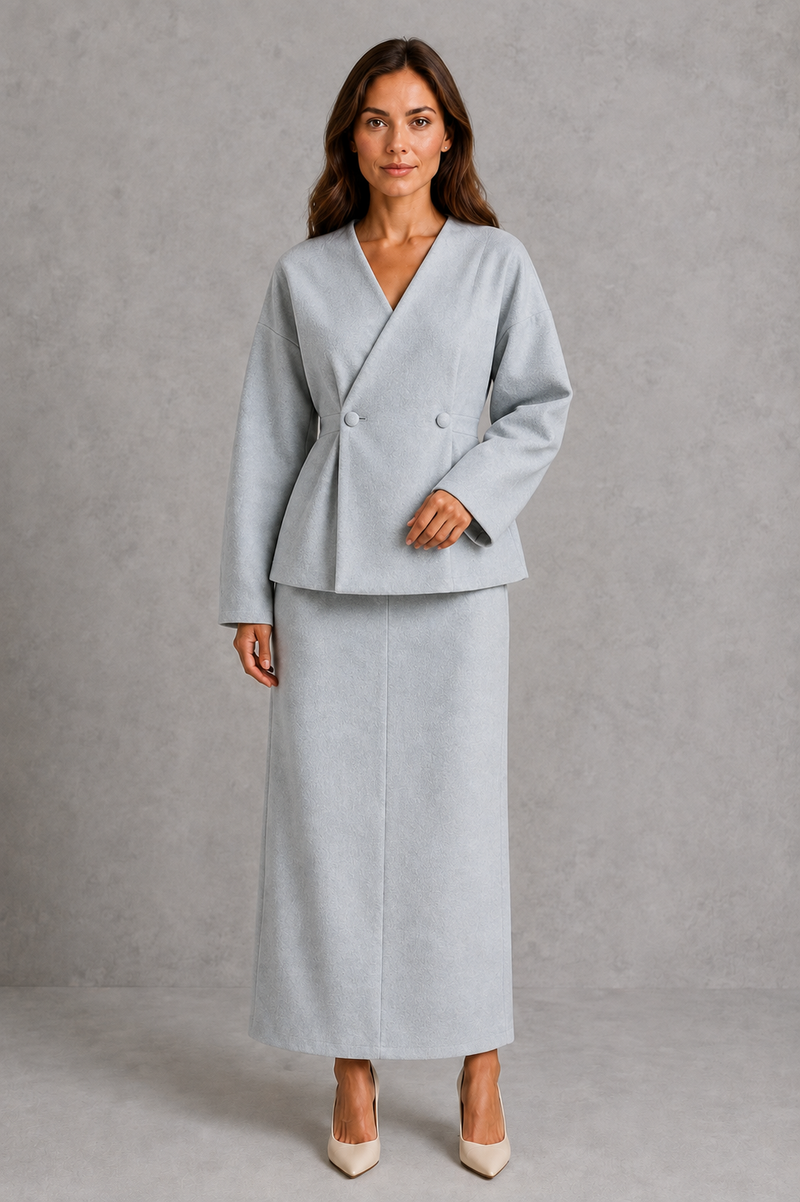 Women’s two piece tailored suit with a fitted V-neck peplum jacket, voluminous long sleeves and coordinating maxi pencil skirt for an elegant silhouette.