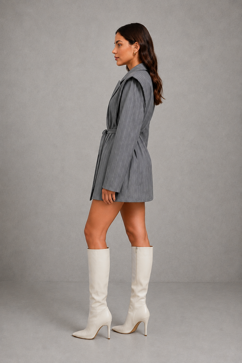 Women’s pinstripe longline blazer with structured shoulders, lapel collar and adjustable tie waist belt.
