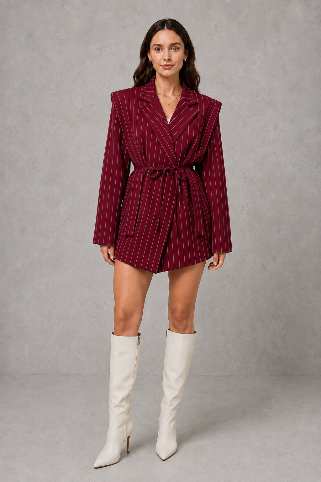Women’s pinstripe longline blazer with structured shoulders, lapel collar and adjustable tie waist belt.