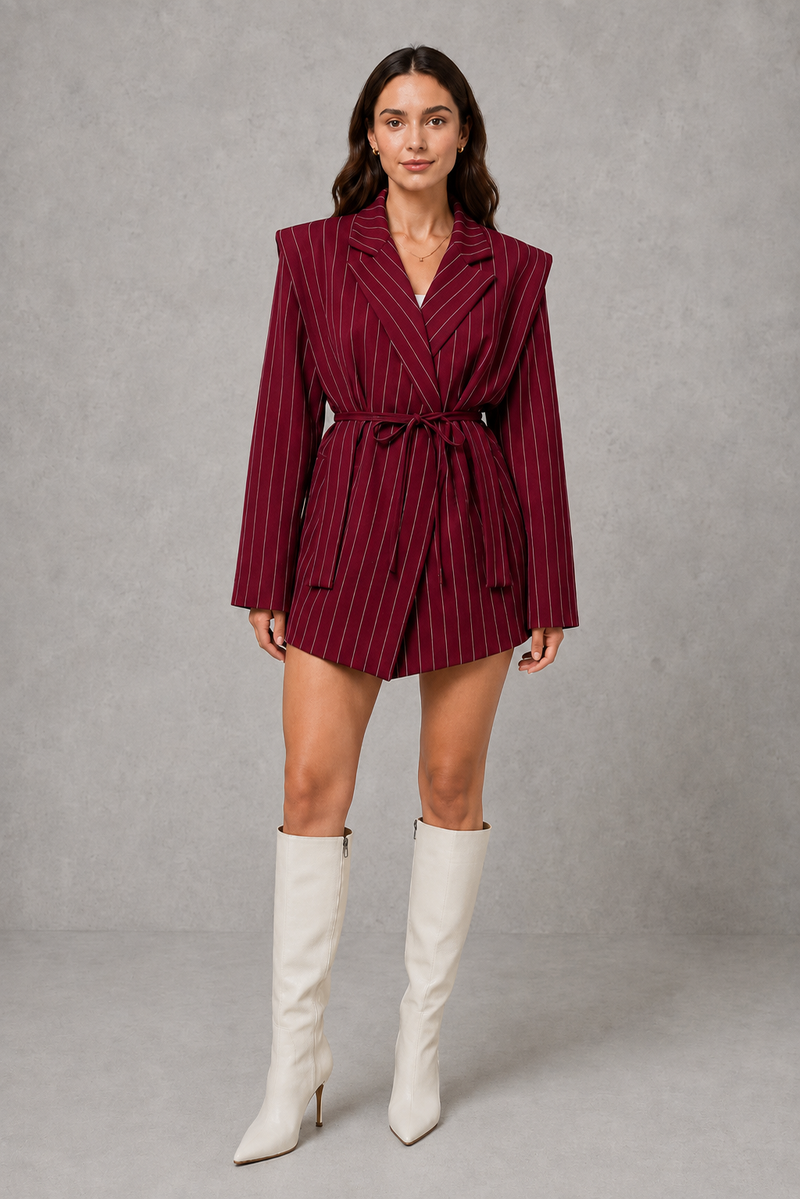 Women’s pinstripe longline blazer with structured shoulders, lapel collar and adjustable tie waist belt.