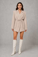 Women’s pinstripe longline blazer with structured shoulders, lapel collar and adjustable tie waist belt.