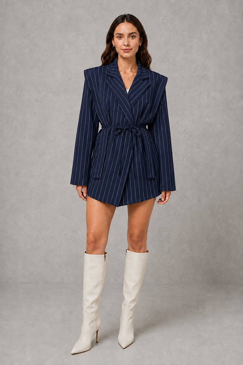 Women’s pinstripe longline blazer with structured shoulders, lapel collar and adjustable tie waist belt.