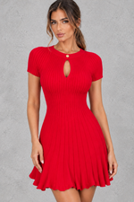 Women’s pleated A-line knitted mini dress with a short silhouette and contemporary streetwear-inspired styling.
