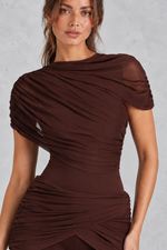 Women’s plum brown micro shorts with a mid-rise waist, asymmetric mesh drape panels and a sleek fitted silhouette.