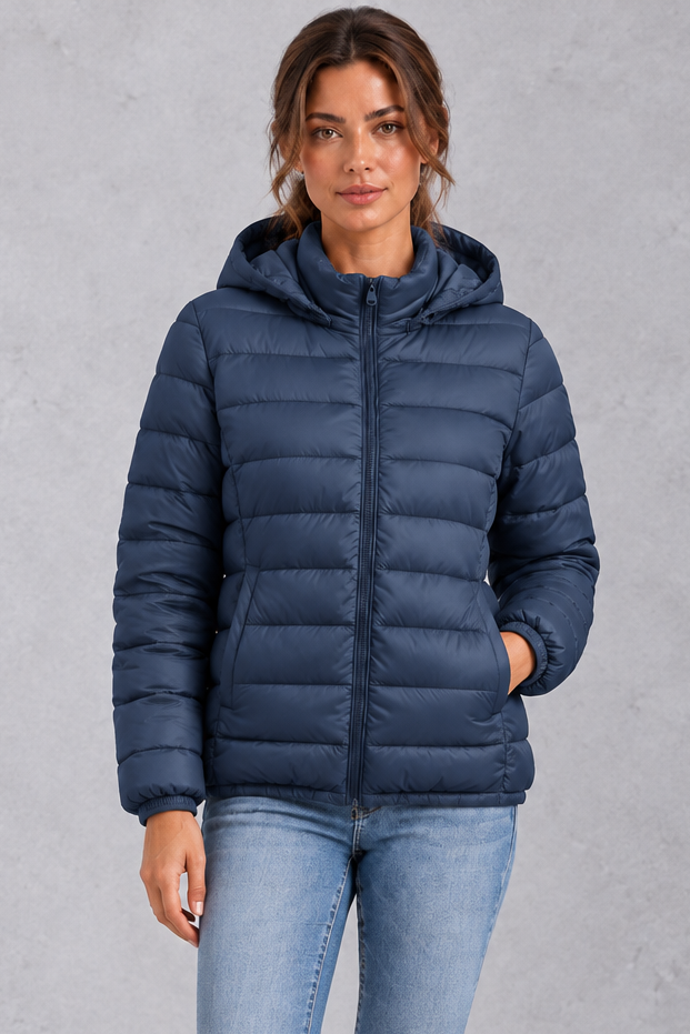 Women's Lightweight Hooded Puffer Jacket – Navy Blue