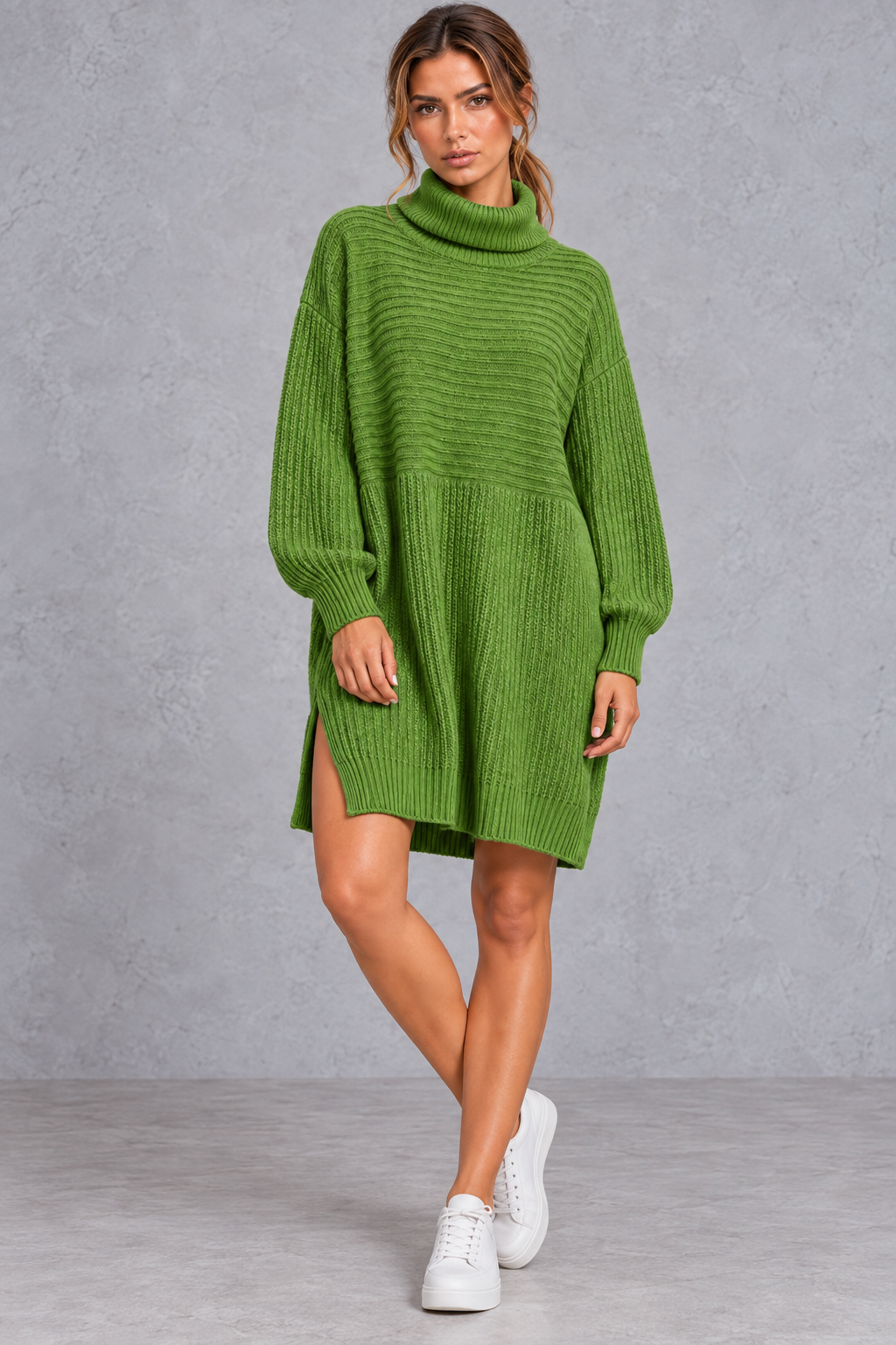 Women’s plus size knitted jumper dress with long sleeves and a versatile, comfortable everyday silhouette.