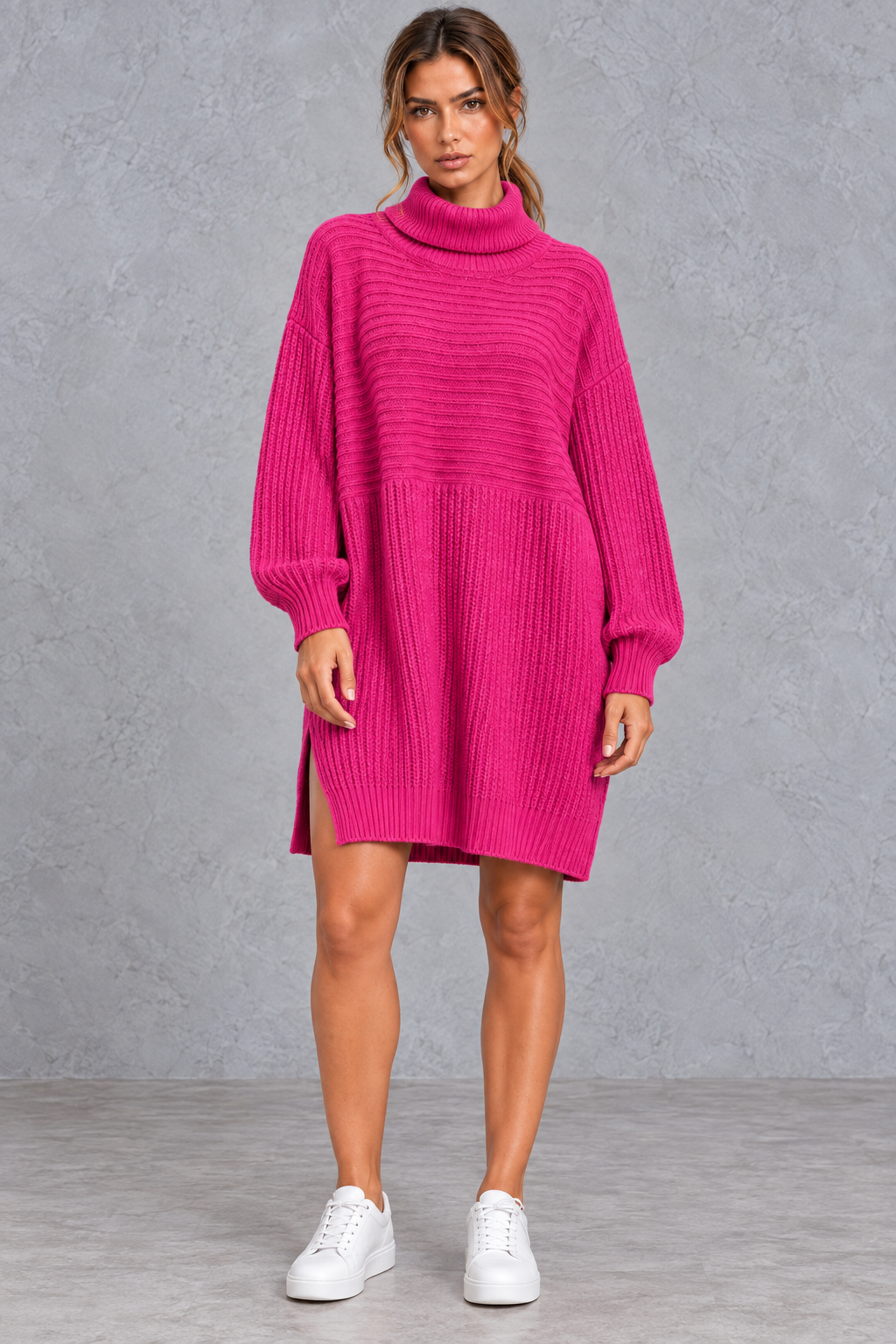 Women’s plus size knitted jumper dress with long sleeves and a versatile, comfortable everyday silhouette.
