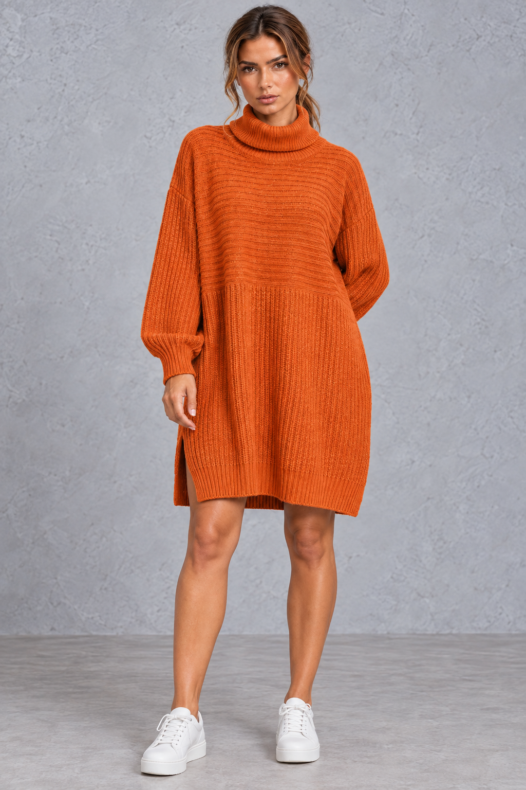 Women’s plus size knitted jumper dress with long sleeves and a versatile, comfortable everyday silhouette.