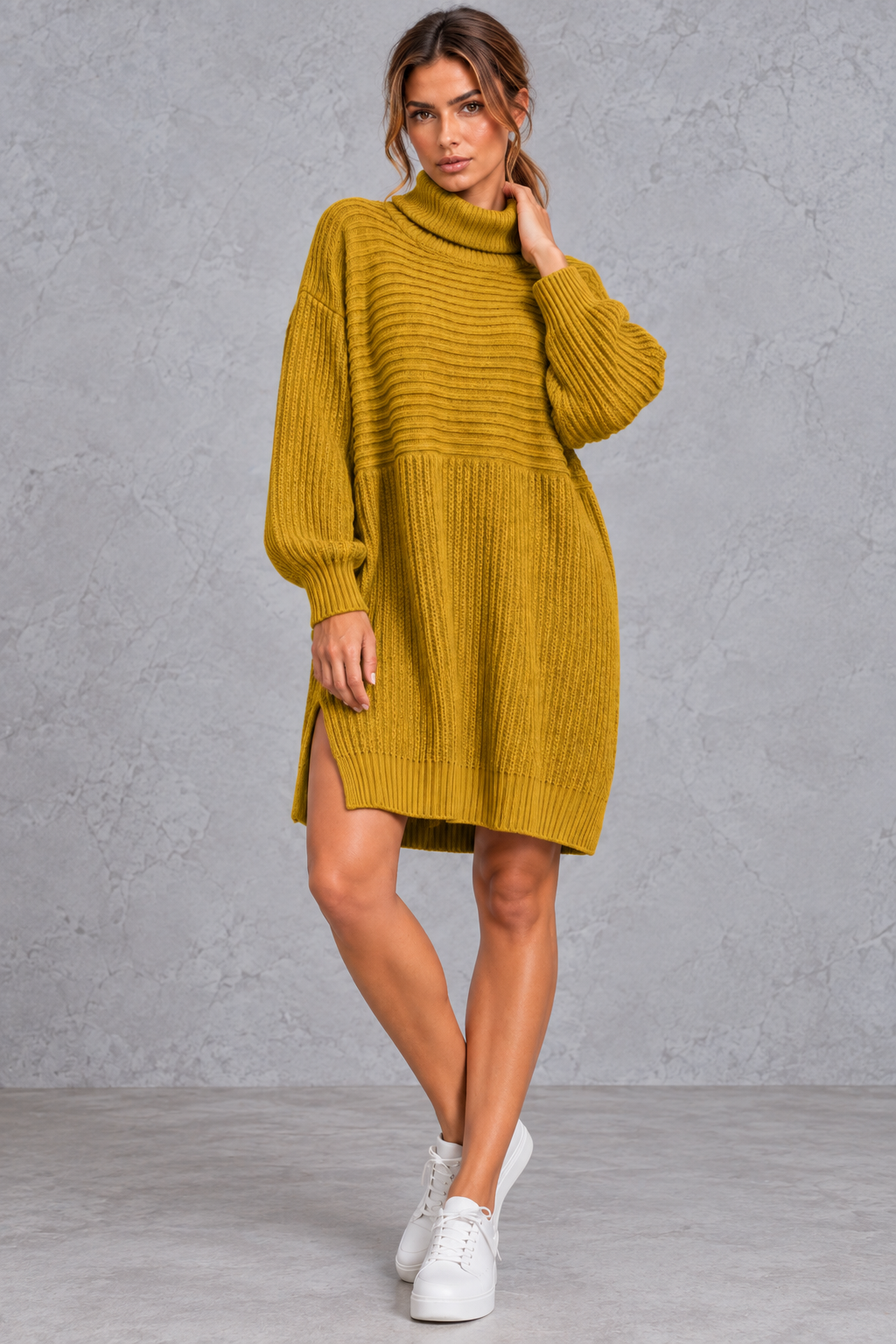 Women’s plus size knitted jumper dress with long sleeves and a versatile, comfortable everyday silhouette.