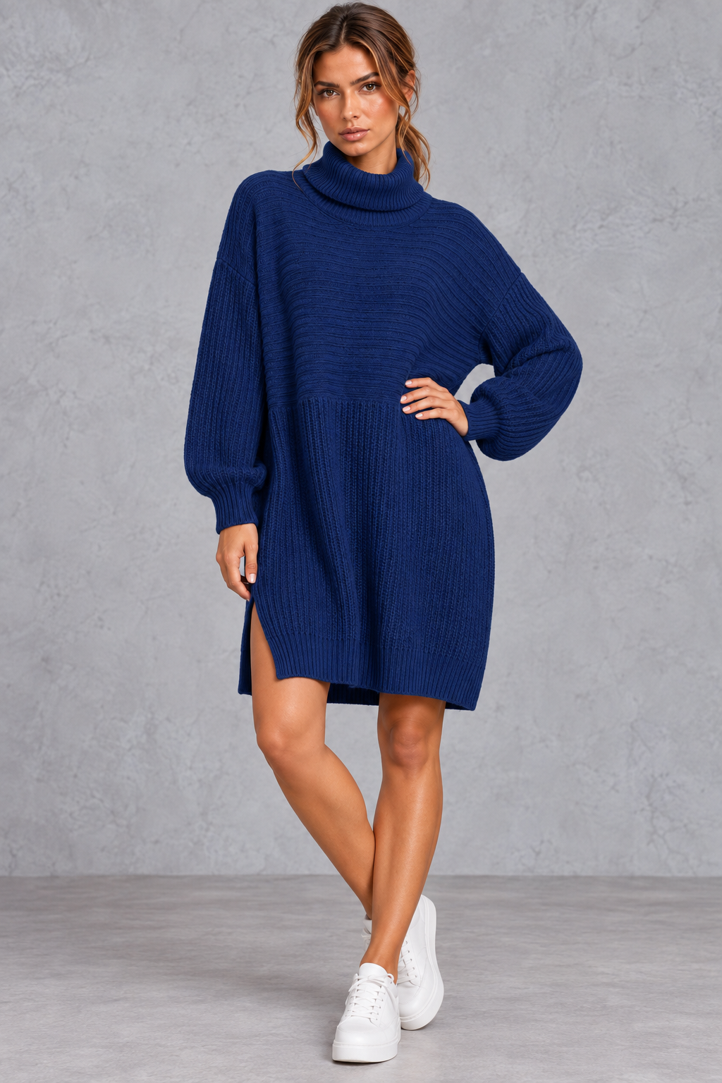 Women’s plus size knitted jumper dress with long sleeves and a versatile, comfortable everyday silhouette.