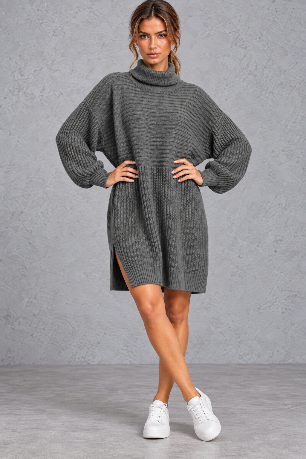 Women’s plus size knitted jumper dress with long sleeves and a versatile, comfortable everyday silhouette.