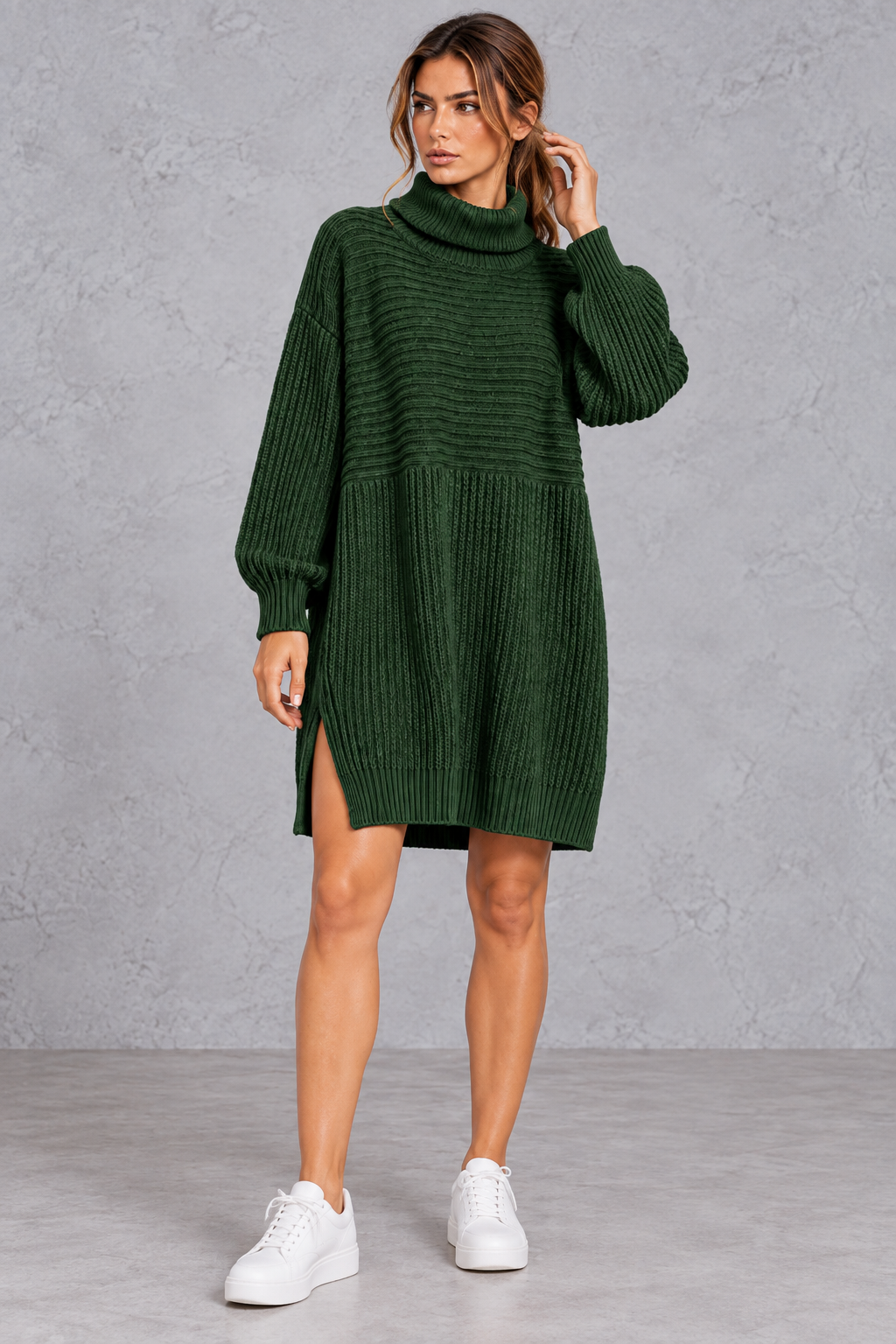 Women’s plus size knitted jumper dress with long sleeves and a versatile, comfortable everyday silhouette.