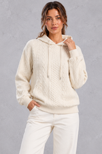 Women's cream plus size cable knit hoodie with drawstring hood – front view