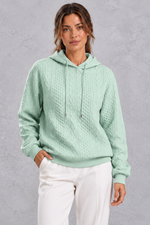 Women's light green plus size cable knit hoodie with drawstring hood – front view