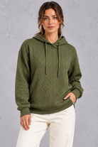 Women's army green plus size cable knit hoodie with drawstring hood – front view