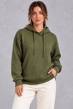 Women's army green plus size cable knit hoodie with drawstring hood – front view