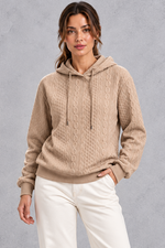 Women's khaki plus size cable knit hoodie with drawstring hood – front view