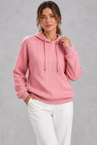 Women's pink plus size cable knit hoodie with drawstring hood – front view