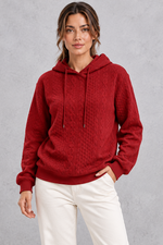 Women's red plus size cable knit hoodie with drawstring hood – front view