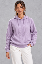 Women's light purple plus size cable knit hoodie with drawstring hood – front view