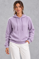 Women's light purple plus size cable knit hoodie with drawstring hood – front view