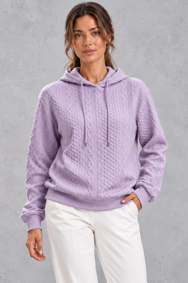 Women's light purple plus size cable knit hoodie with drawstring hood – front view