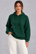 Women's dark green plus size cable knit hoodie with drawstring hood – front view