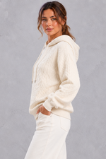 Women's cream plus size cable knit hoodie with drawstring hood – side view