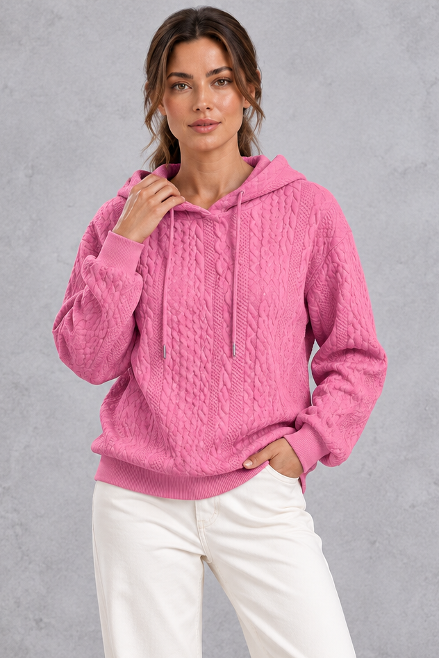 Women's hot pink plus size cable knit hoodie with drawstring hood – front view