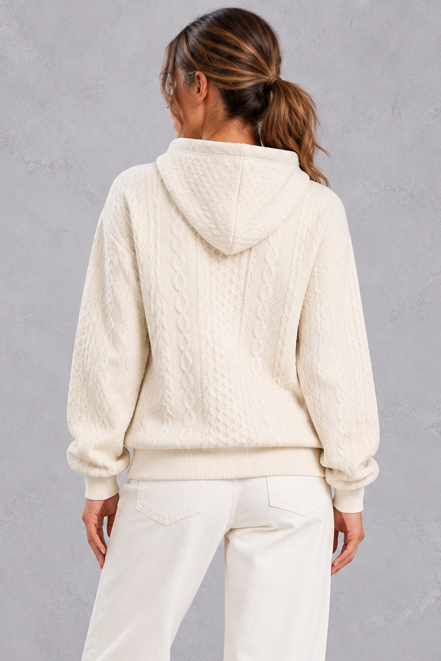 Women's cream plus size cable knit hoodie with hood – back view