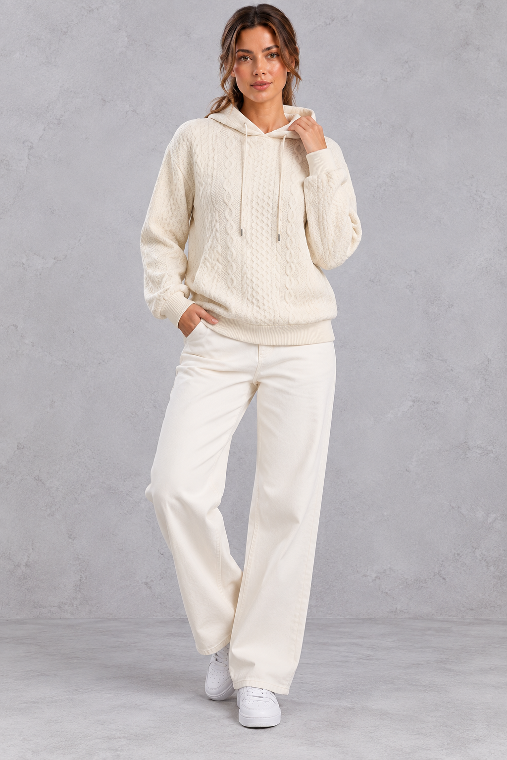 Women's cream plus size cable knit hoodie with drawstring hood – full-length front view