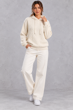 Women's cream plus size cable knit hoodie with drawstring hood – full-length front view