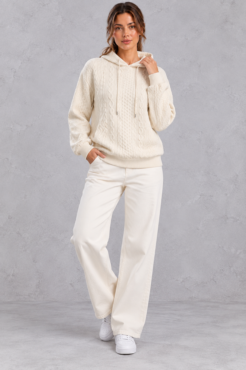 Women's cream plus size cable knit hoodie with drawstring hood – full-length front view