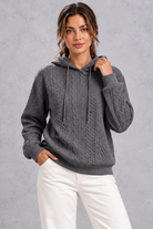 Women's dark grey plus size cable knit hoodie with drawstring hood – front view