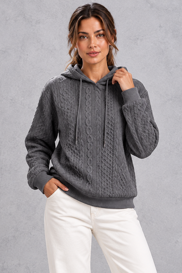 Women's dark grey plus size cable knit hoodie with drawstring hood – front view