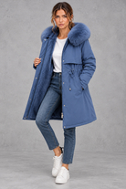 Women's plush-lined hooded parka in Blue – front view