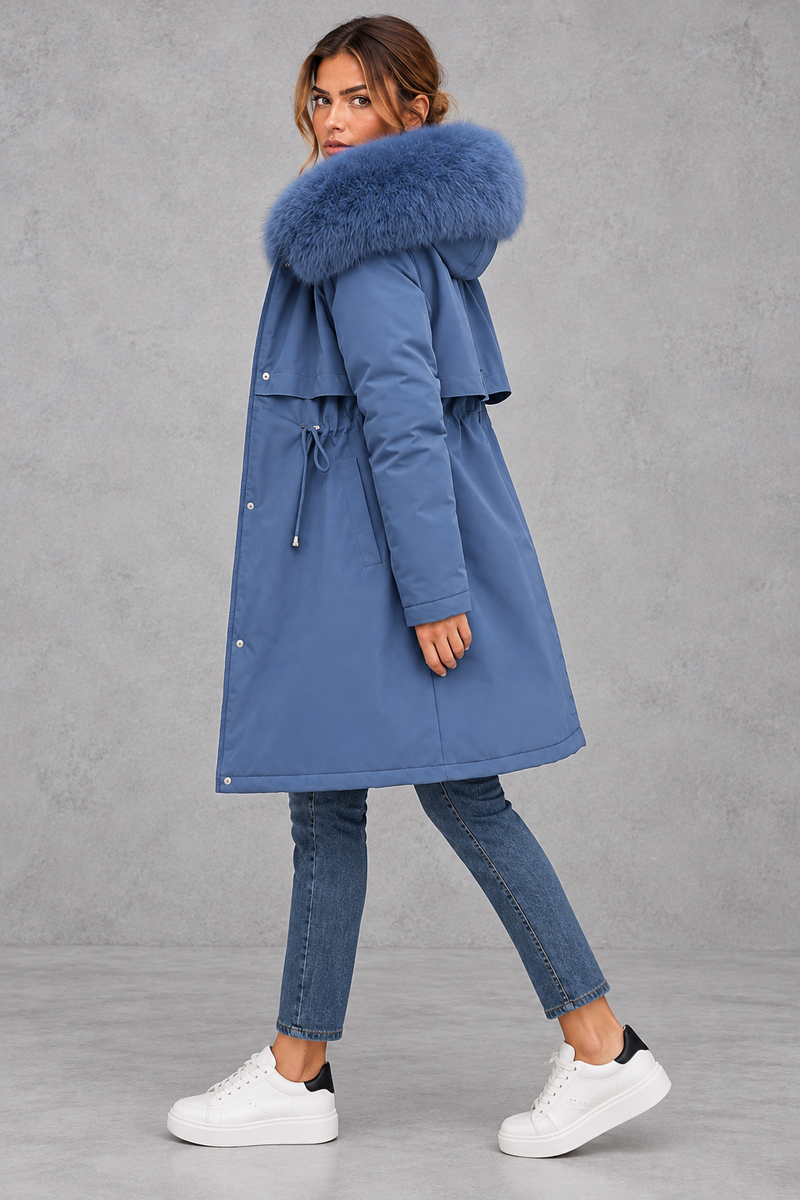 Women's plush-lined hooded parka in Blue – side view