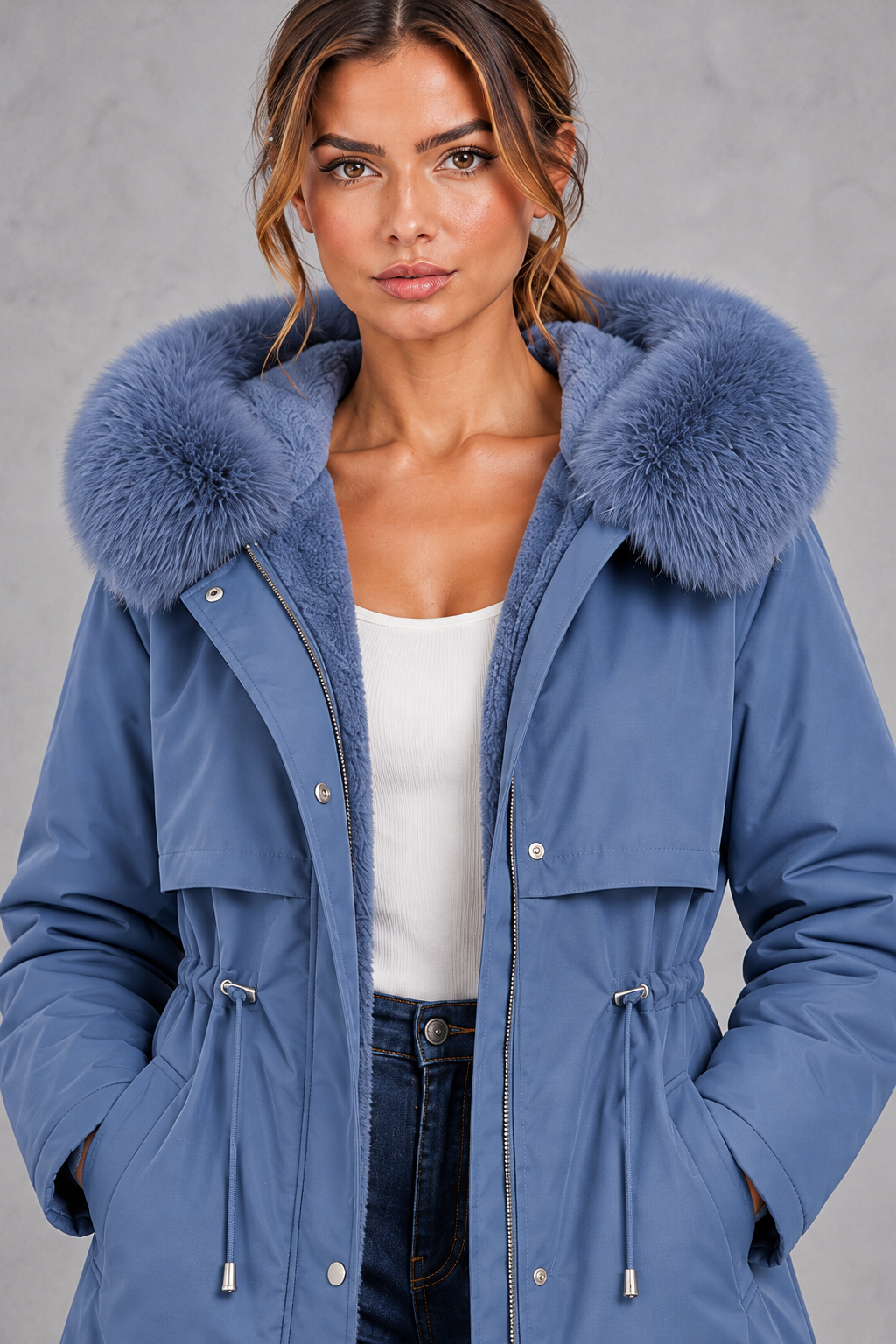 Women's plush-lined hooded parka in Blue – close-up
