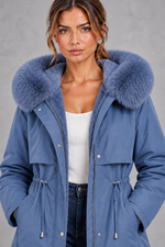 Women's plush-lined hooded parka in Blue – close-up
