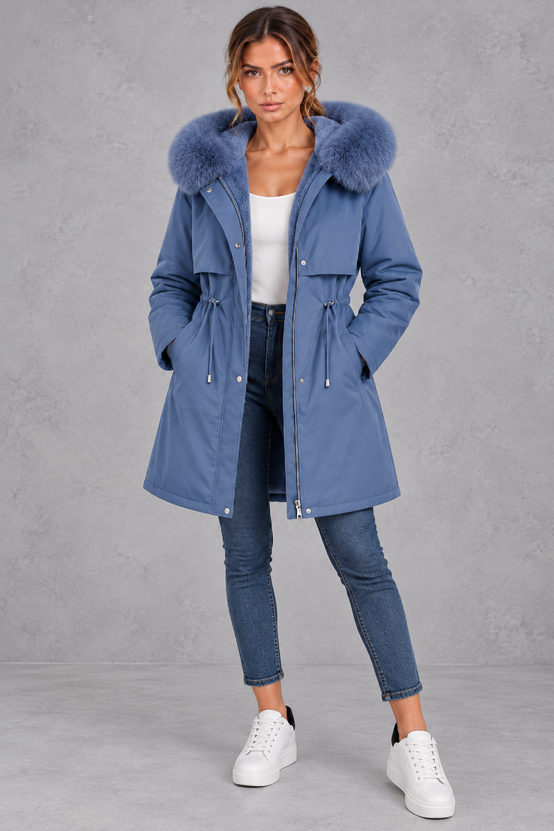 Women's plush-lined hooded parka in Blue – full-length view
