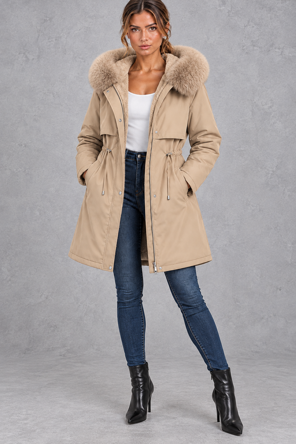 Women's plush-lined hooded parka in Beige – front view