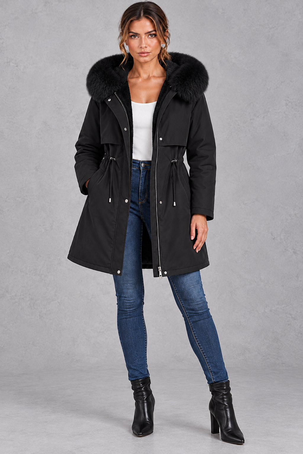 Women's plush-lined hooded parka in Black – front view