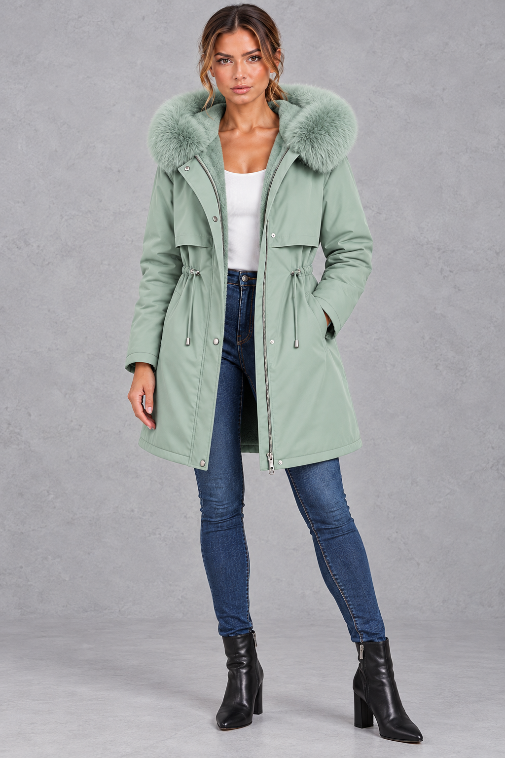 Women's plush-lined hooded parka in Sage Green – front view