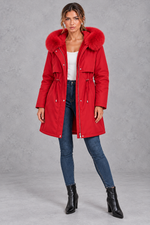 Women's plush-lined hooded parka in Red – front view