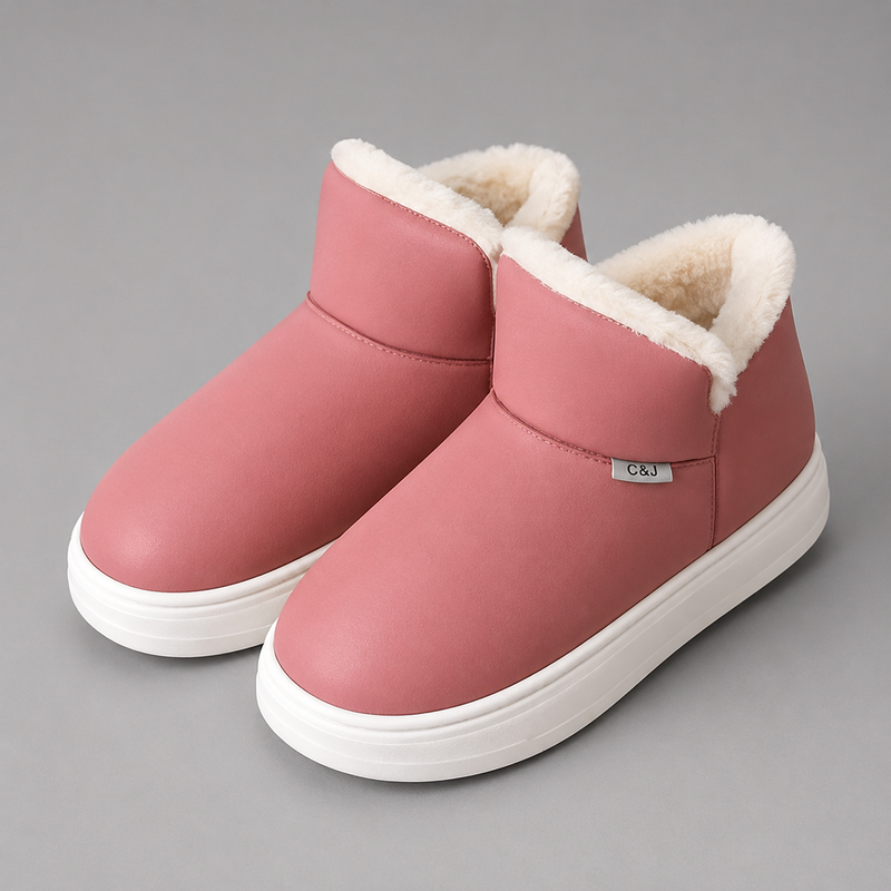 Women's knee-high winter boots with a smooth PU upper, soft plush lining, slip-on design, lightweight wedge heel and non-slip rubber sole, providing warm, comfortable everyday wear for autumn and winter.