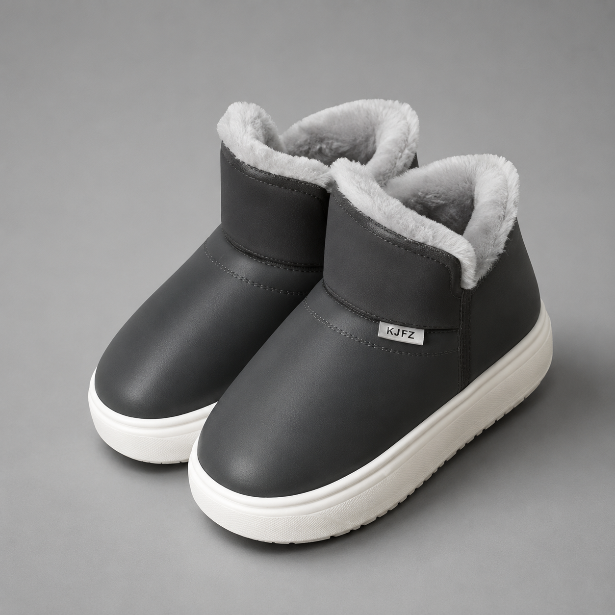 Women's knee-high winter boots with a smooth PU upper, soft plush lining, slip-on design, lightweight wedge heel and non-slip rubber sole, providing warm, comfortable everyday wear for autumn and winter.