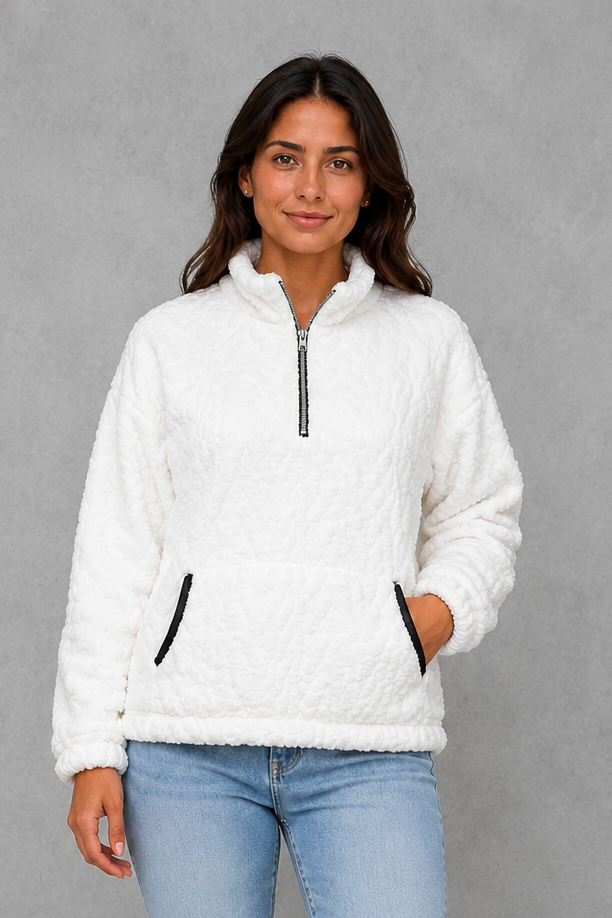 Women’s plush half zip fleece pullover with a high neck, long sleeves, elasticated cuffs and practical front pockets for cosy autumn and winter wear.