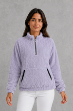 Women’s plush half zip fleece pullover with a high neck, long sleeves, elasticated cuffs and practical front pockets for cosy autumn and winter wear.